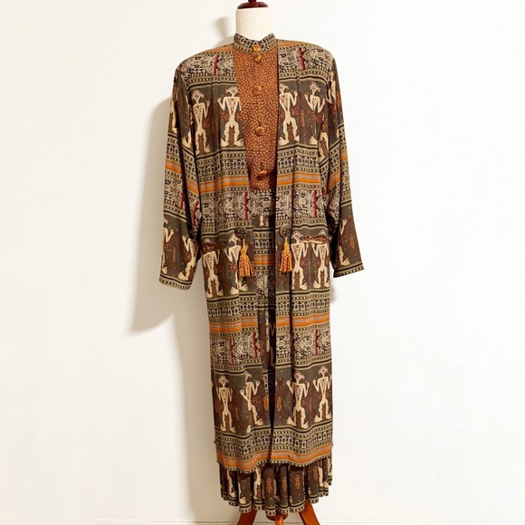 Vtg 80s Platinum Dorothy Schoelen Kokopelli Art to Wear Duster Skirt Set